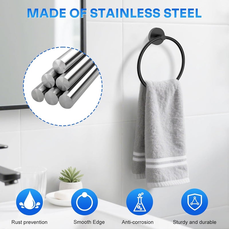 EZKEY Hand Towel Holder Screw-in Matte Black Towel Ring for Bathroom Wall Stainless Steel Round Towel Hanger for Bathroom Hardware Accessories - Image 3